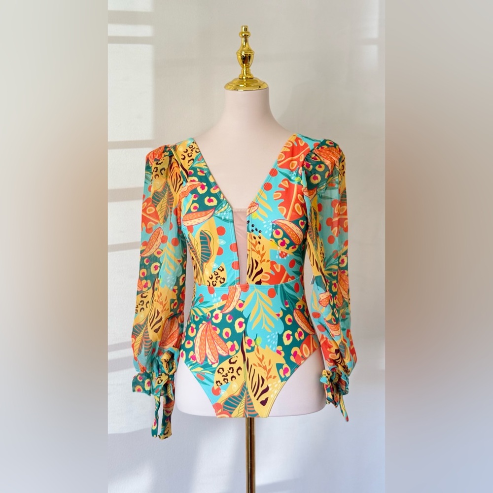Colorful Floral Tropical Women Swimsuit One Piece Sleeves Size S